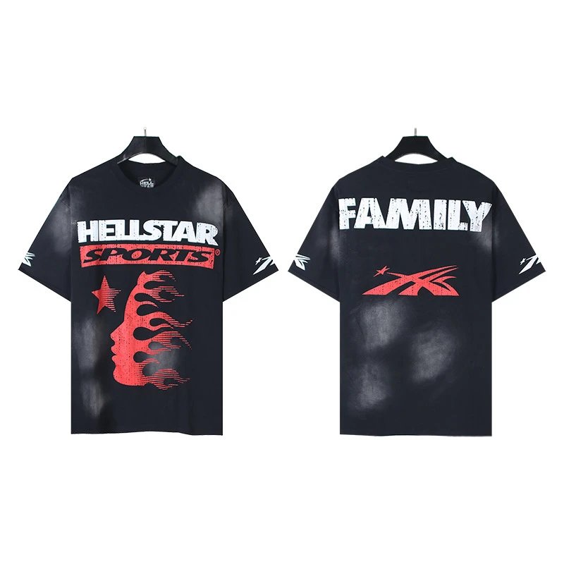 Hellstar Sports Distressed Street Style Black and Red Short-Sleeve T-Shirt