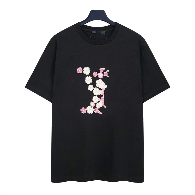 Louis Vuitton Floral Embroidered Casual Black Short-sleeved T-shirt