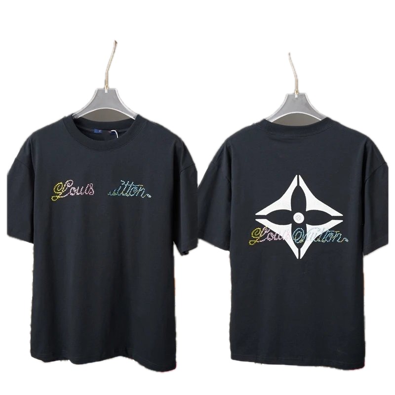 Louis Vuitton Trendy Style Black T-shirt with Hot-fix Rhinestones