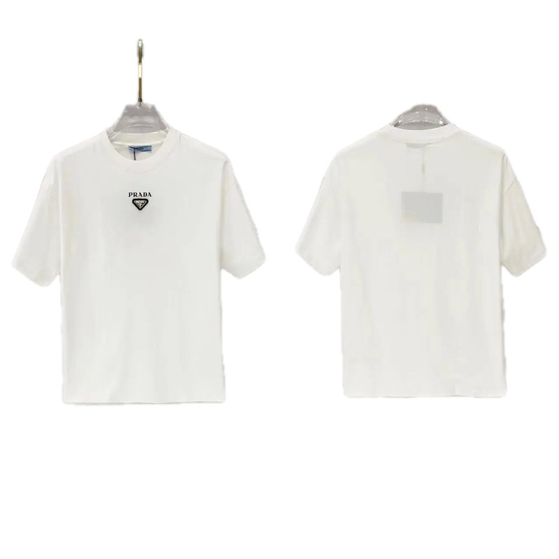 Prada Triangular Logo Minimalist Style White Short-sleeve T-shirt