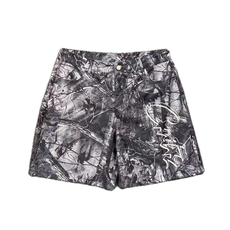 Corteiz Street Style Black and Grey Tree Grain Camouflage Shorts