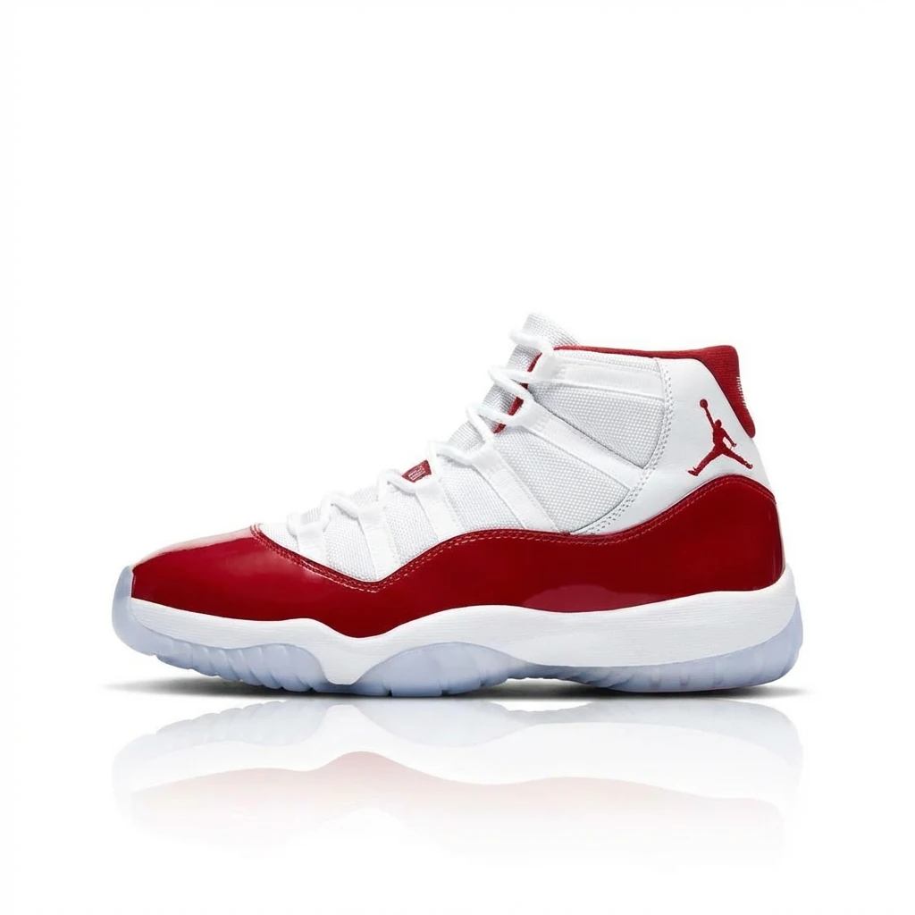 The high-top trendy shoes of Jordan 11 in red and white.