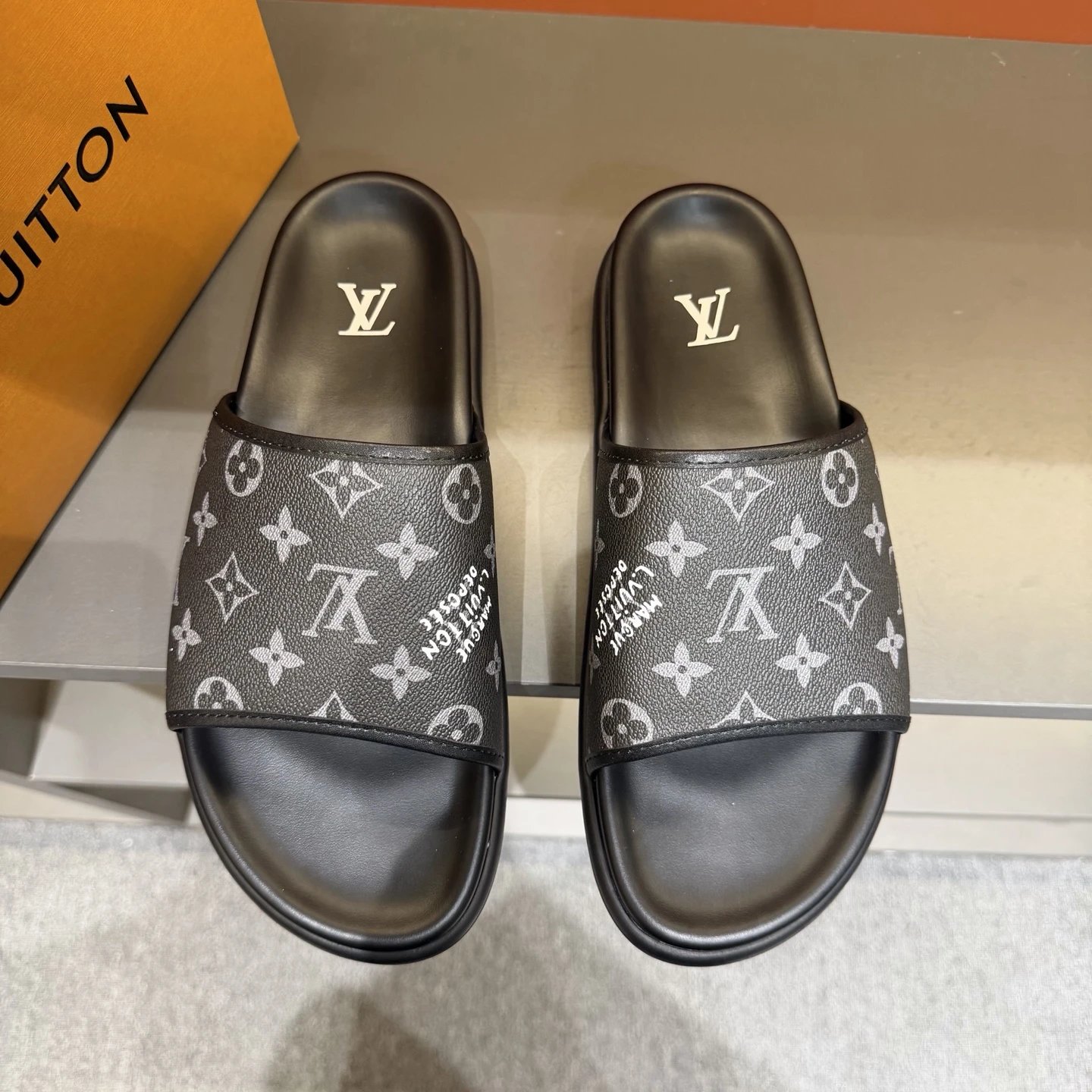 Louis Vuitton Classic Monogram Trendy Black and Grey Slide Sandals