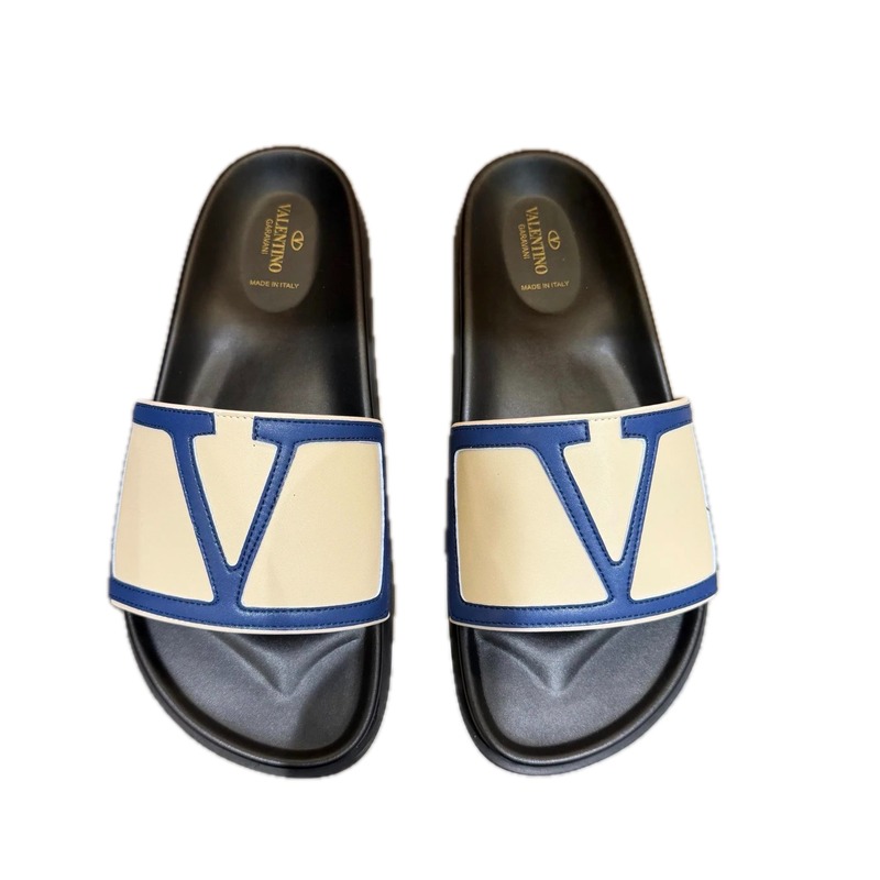 Valentino Big V Light Luxury Blue & Beige Color-block Slide Sandals