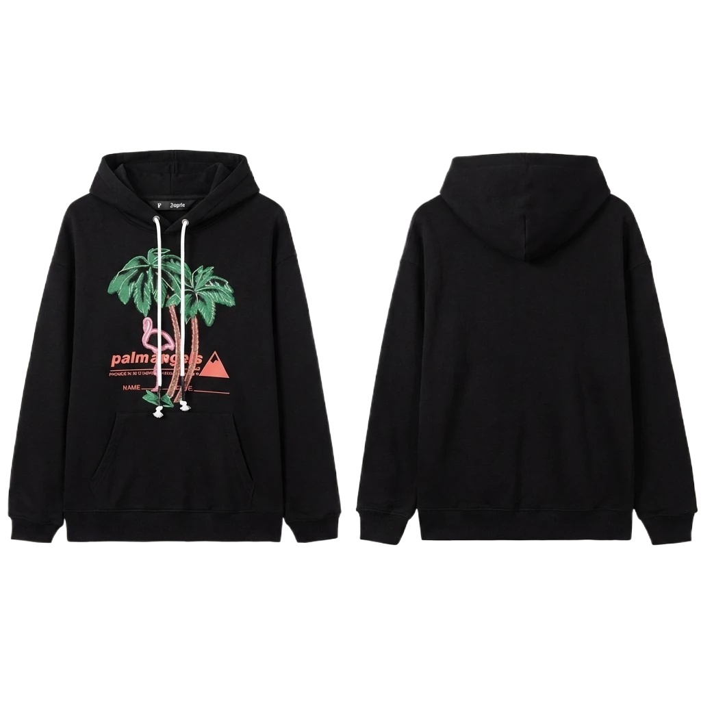 Palm Angels Black Hoodie with Palm Tree Print