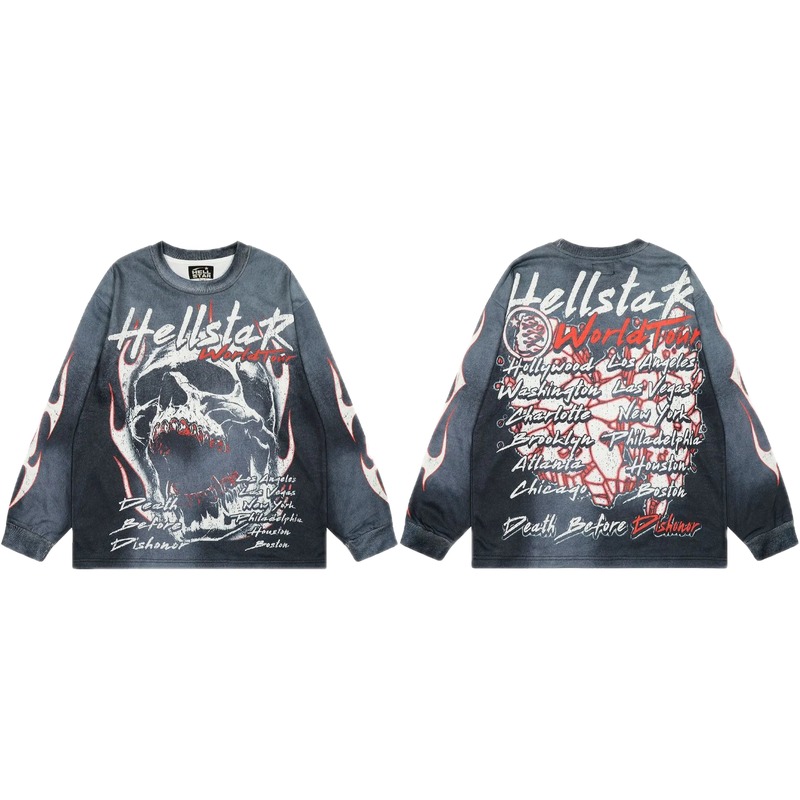 Hellstar Tour Skull Street Style Black & Gray Long Sleeve Shirt