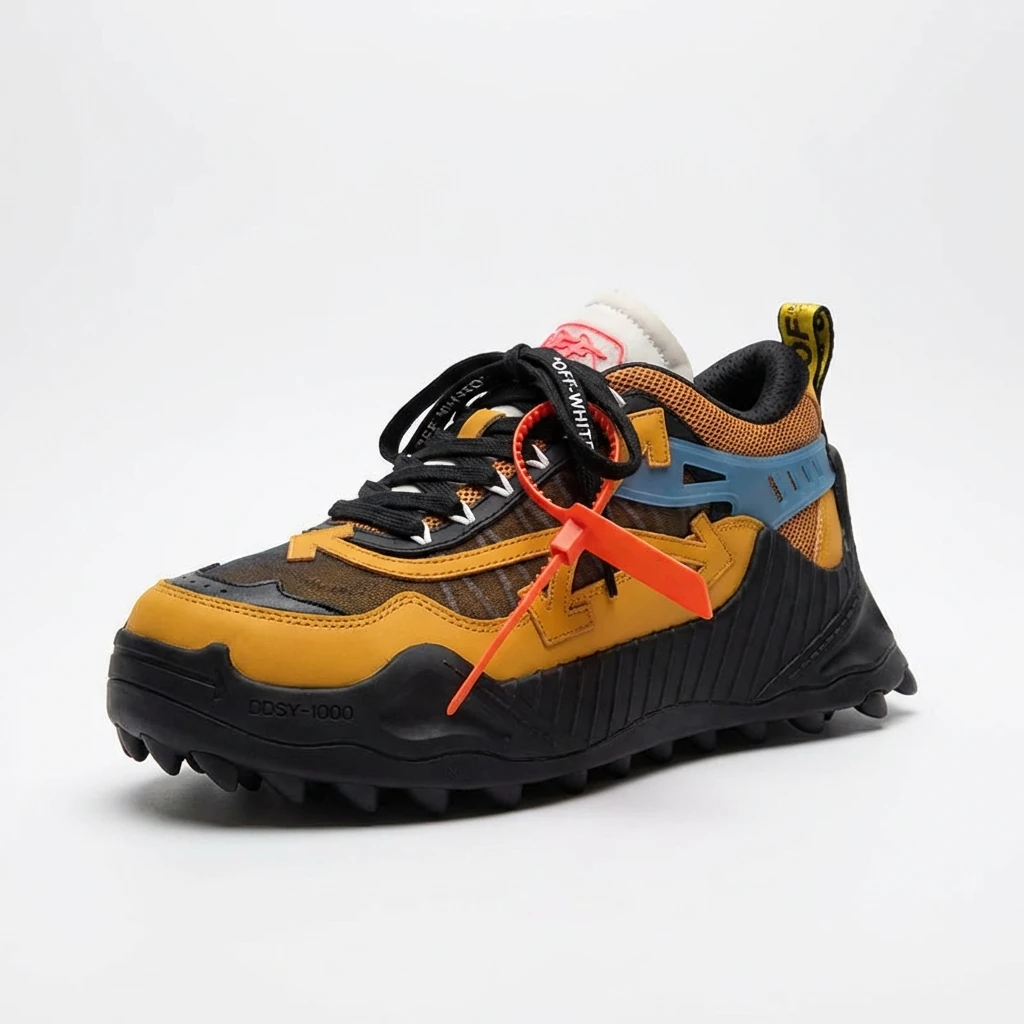 Off-White retro-style yellow and black sports shoes