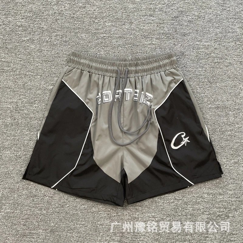 Corteiz Street Style Black and Grey Colorblock Athletic Shorts