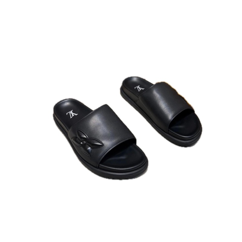 Louis Vuitton Classic Embossed Minimalist Style Black Slide Sandals