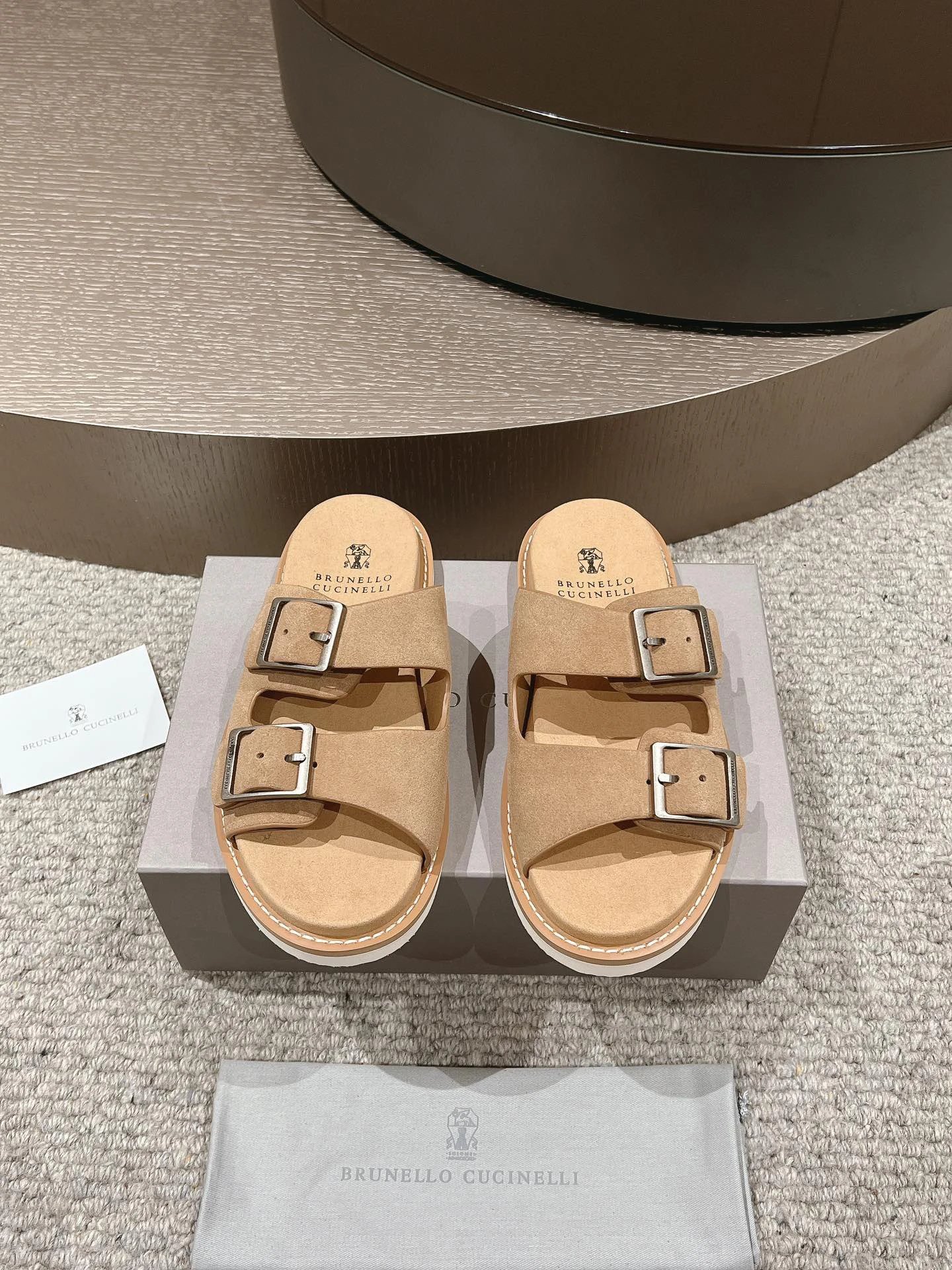 Brunello Cucinelli Casual Style Camel Buckle Slide Sandals