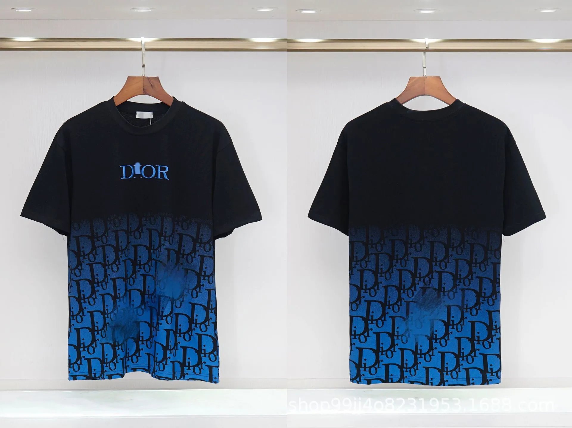 Dior Classic Monogram Trendy Style Black-Blue Gradient T-Shirt