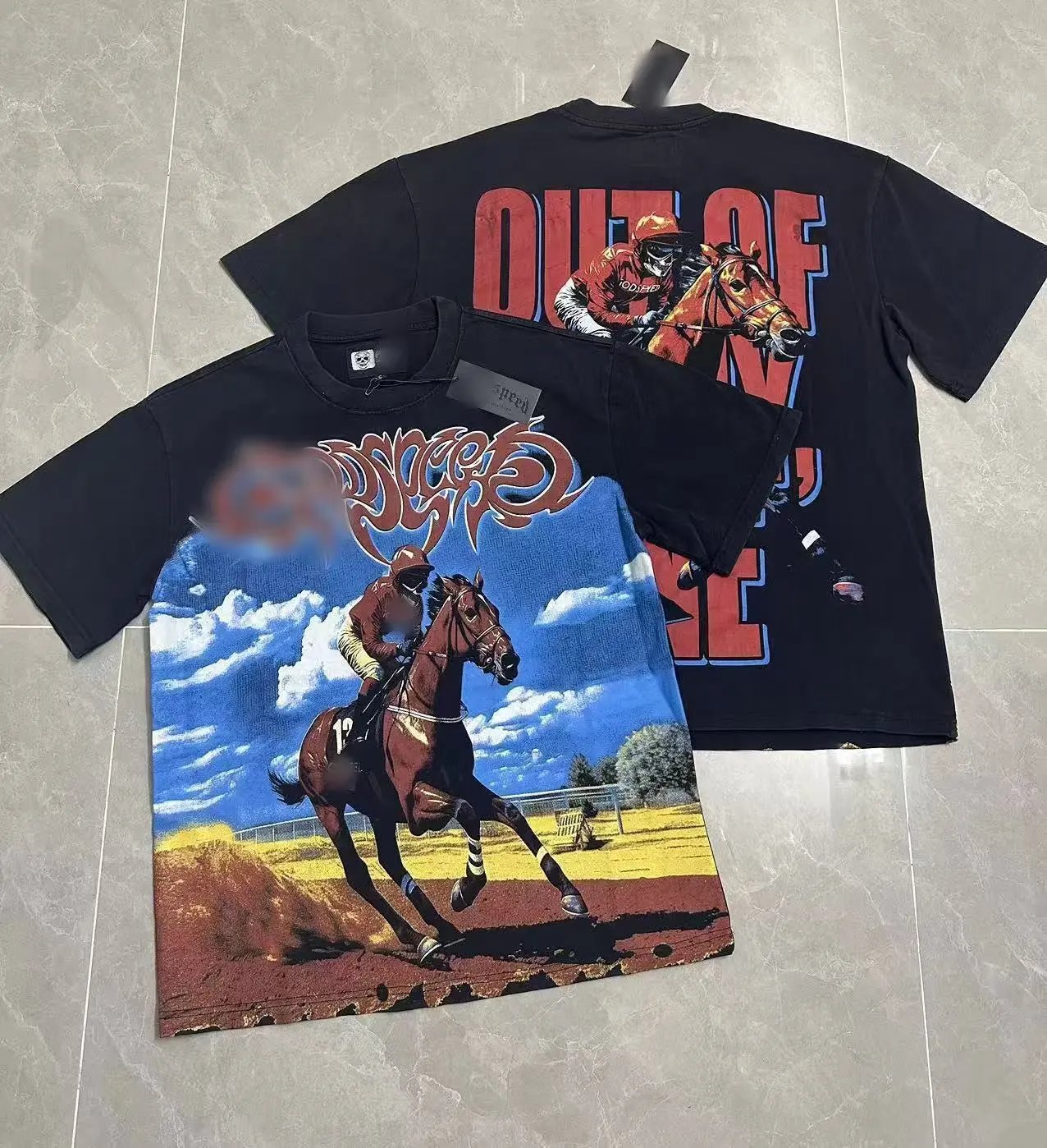 GOD Horse Racing Print Vintage Black T-Shirt