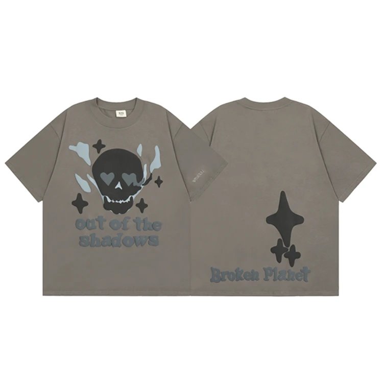 Broken Hearts Raised-Print Graphic Gray Brown Style Bpi02 Graphic T-Shirt Resort Wear