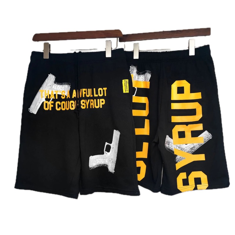 COUGH SYRUP Pistol Print Street Style Black Shorts