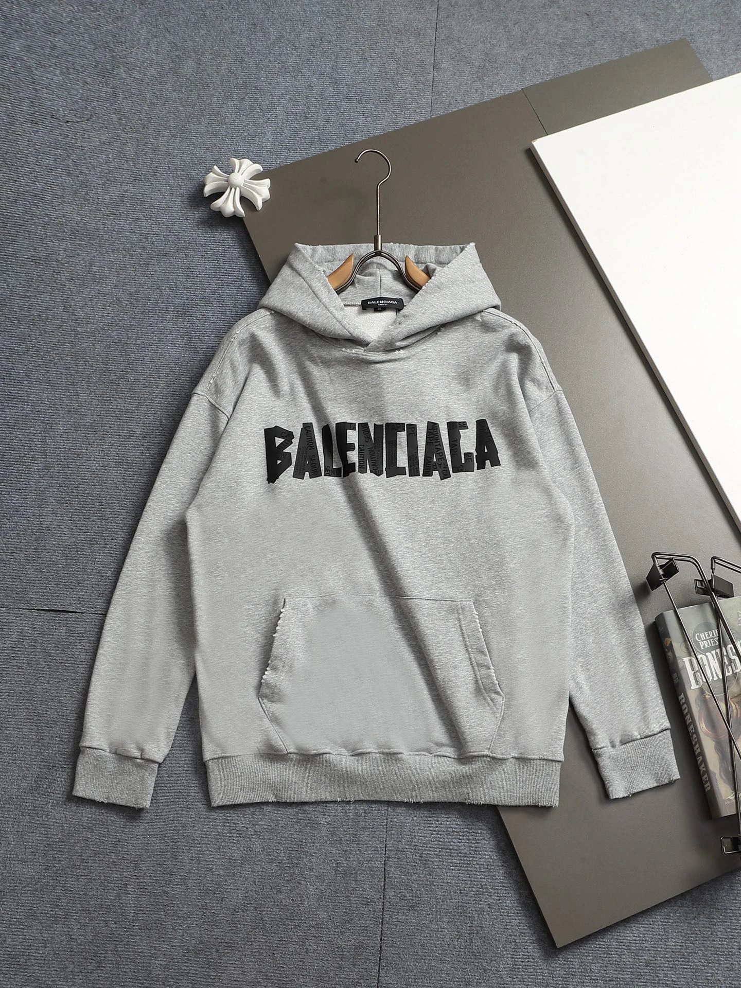Gray Hoodie with Bold Balenciaga Balenciaga Hoodie with Button Detail