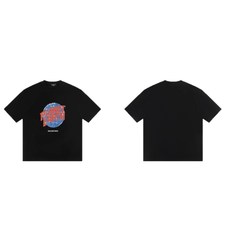Balenciaga Trendy Black Short-sleeve T-shirt with Earth Print
