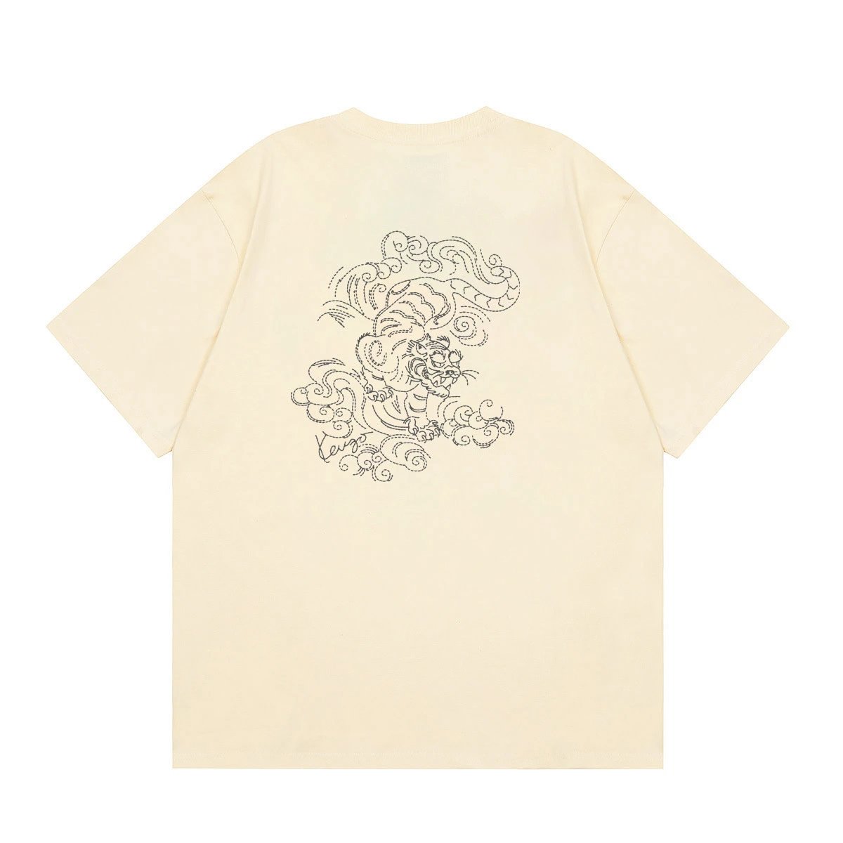 KENZO Auspicious Cloud Tiger Embroidery Chinese Style Beige Apricot Short Sleeve T-Shirt