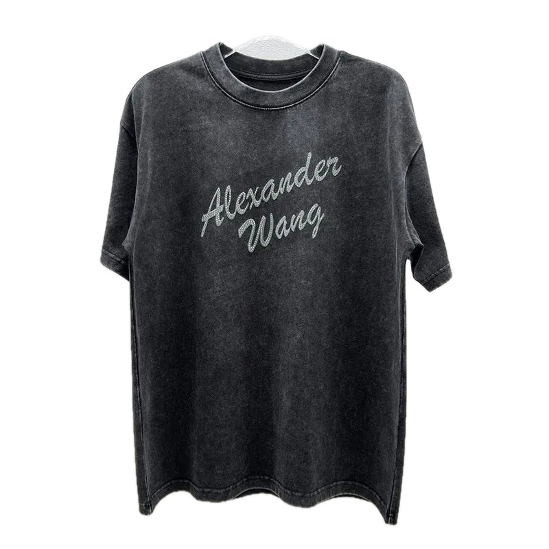 Alexander Wang Distressed Charcoal Gray Rhinestone-embellished Short Sleeve T-Shirt