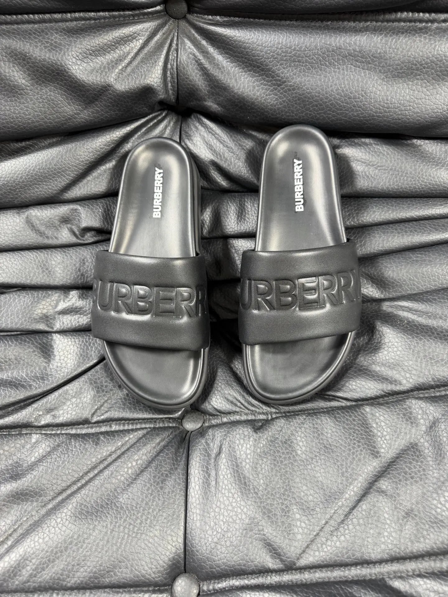 Burberry Embossed Minimalist Style Black Slide Sandals