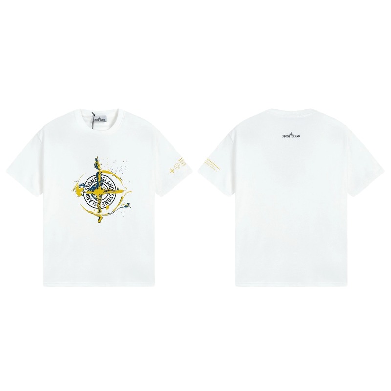 Stone Island Ink-splattered Trendy Style White T-shirt