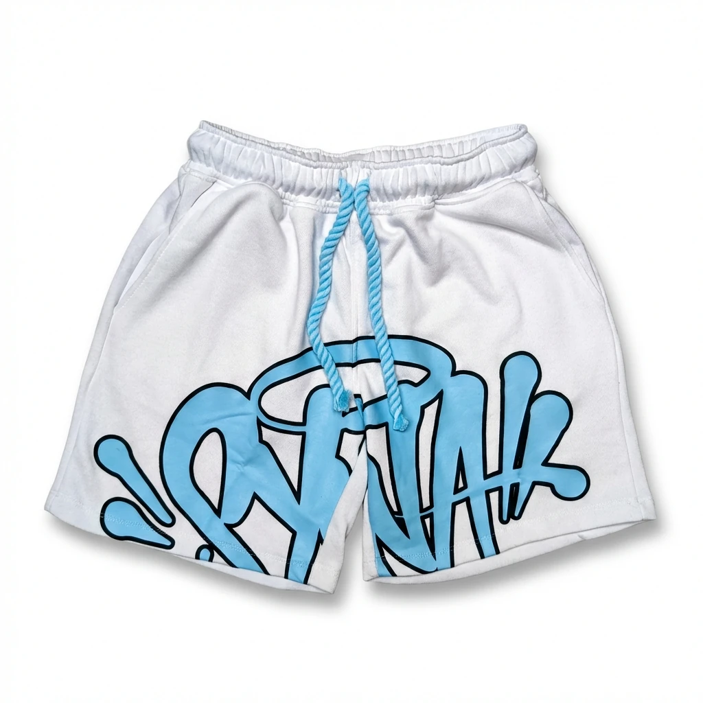 SynaWorld graffiti-style white shorts