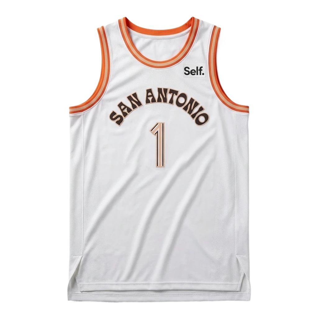 Self. Spurs white and orange basketball jersey
