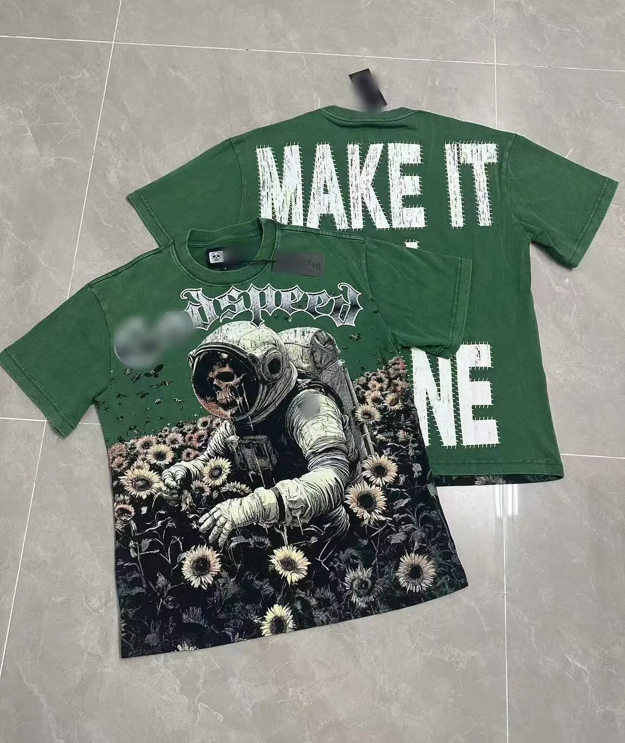 GOD Skull Astronaut Vintage Style Green Short-sleeve T-shirt