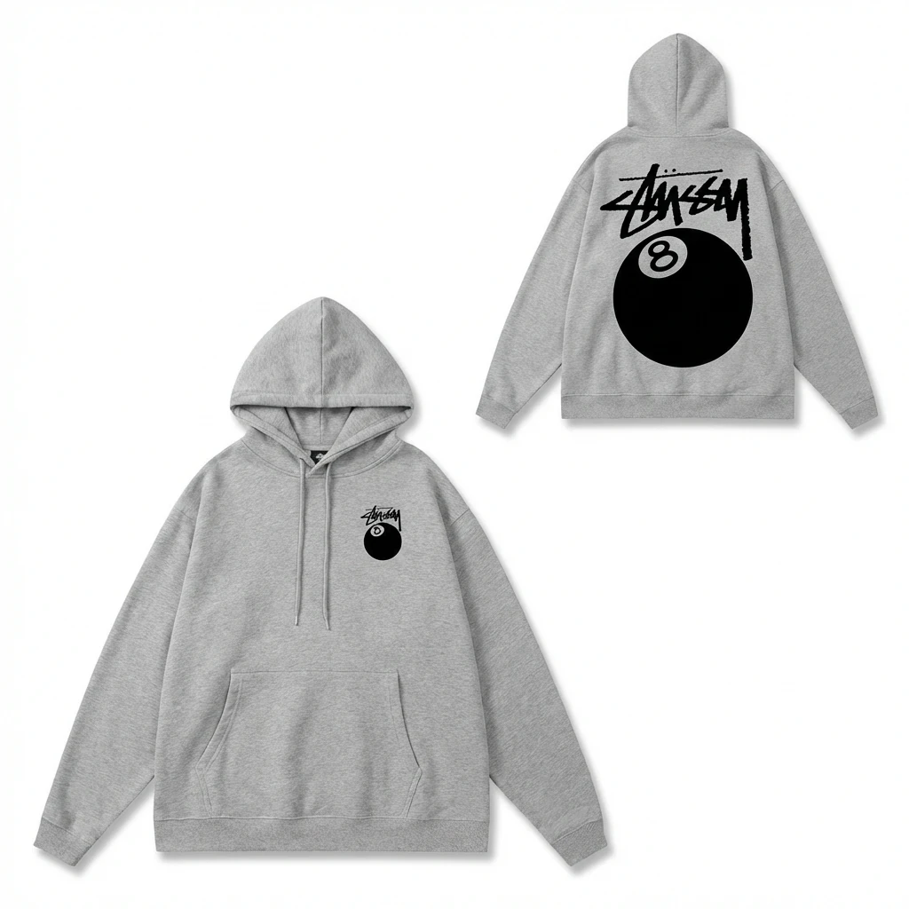 Stussy No.8 Ball Trendy and Cool Style Grey Hoodie