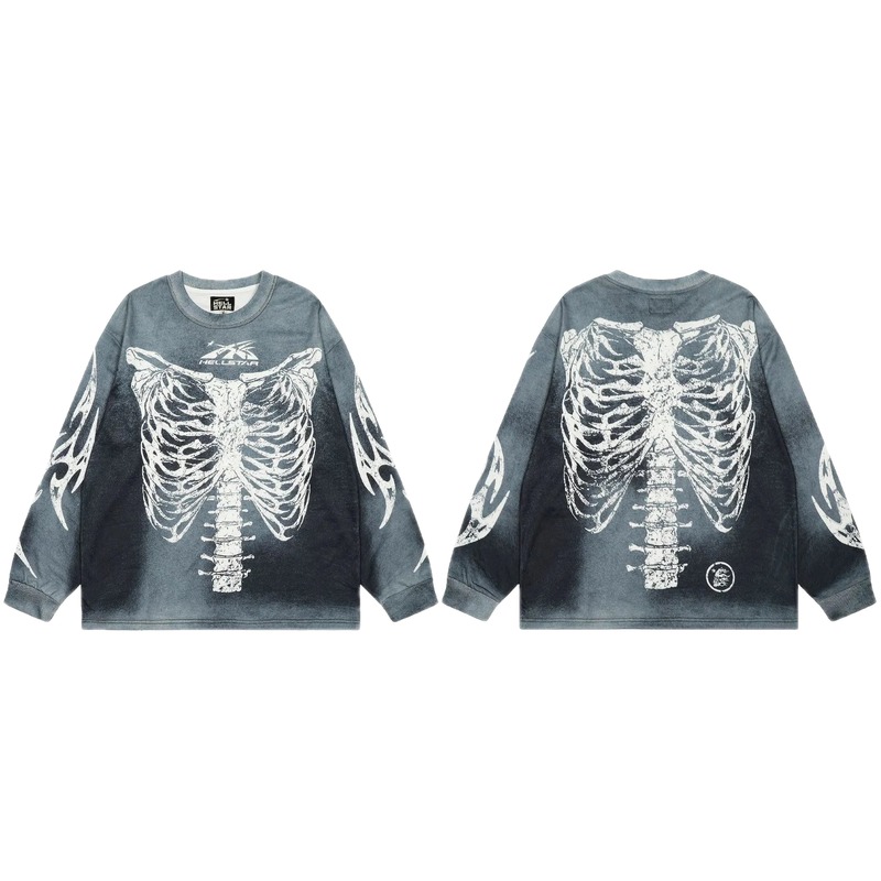 Hellstar Skull Print Street Style Vintage Grey Long Sleeve T-shirt