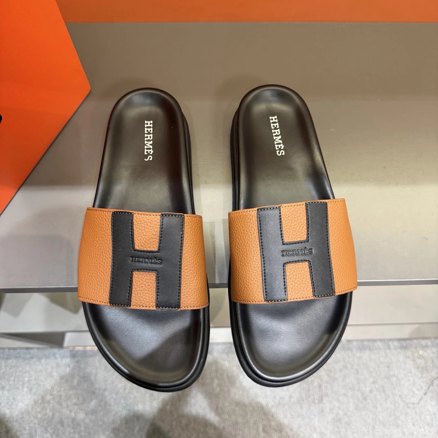 Hermès H Collection Minimalist Brown & Black Colorblock Slide Sandals