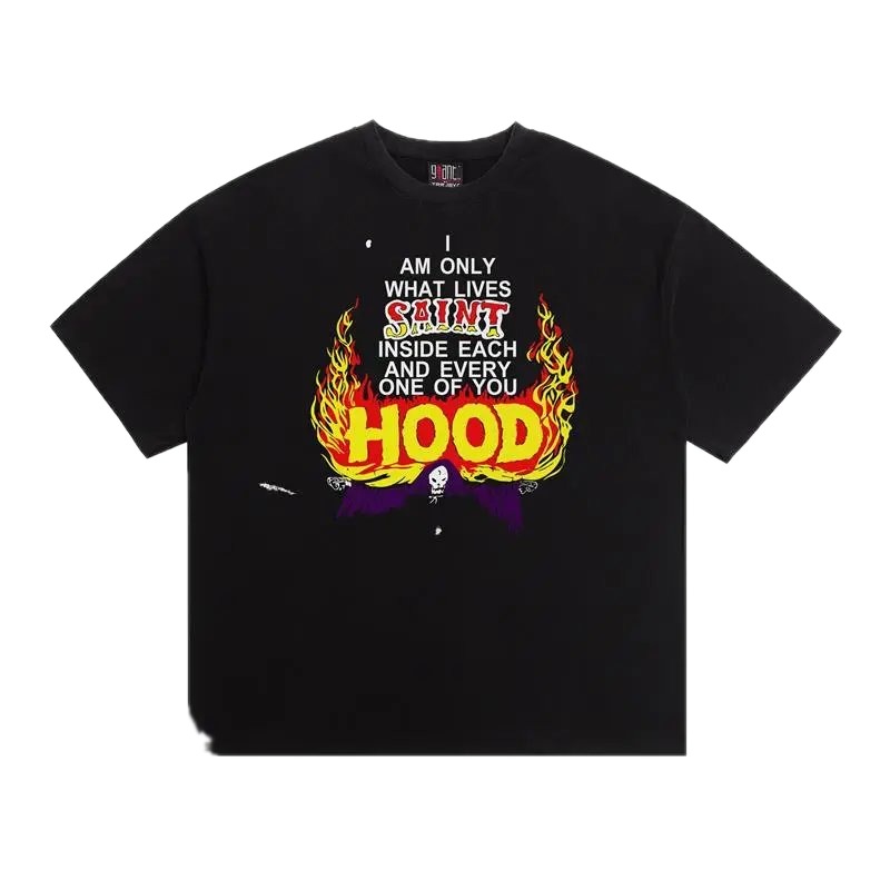 SAINT Flame Print Street Style Black T-Shirt