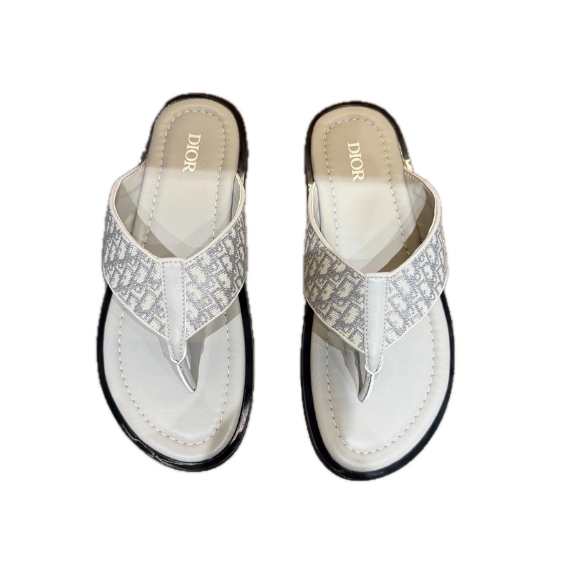 Dior Oblique Collection Light Luxury Style Light Gray Flip-Flops