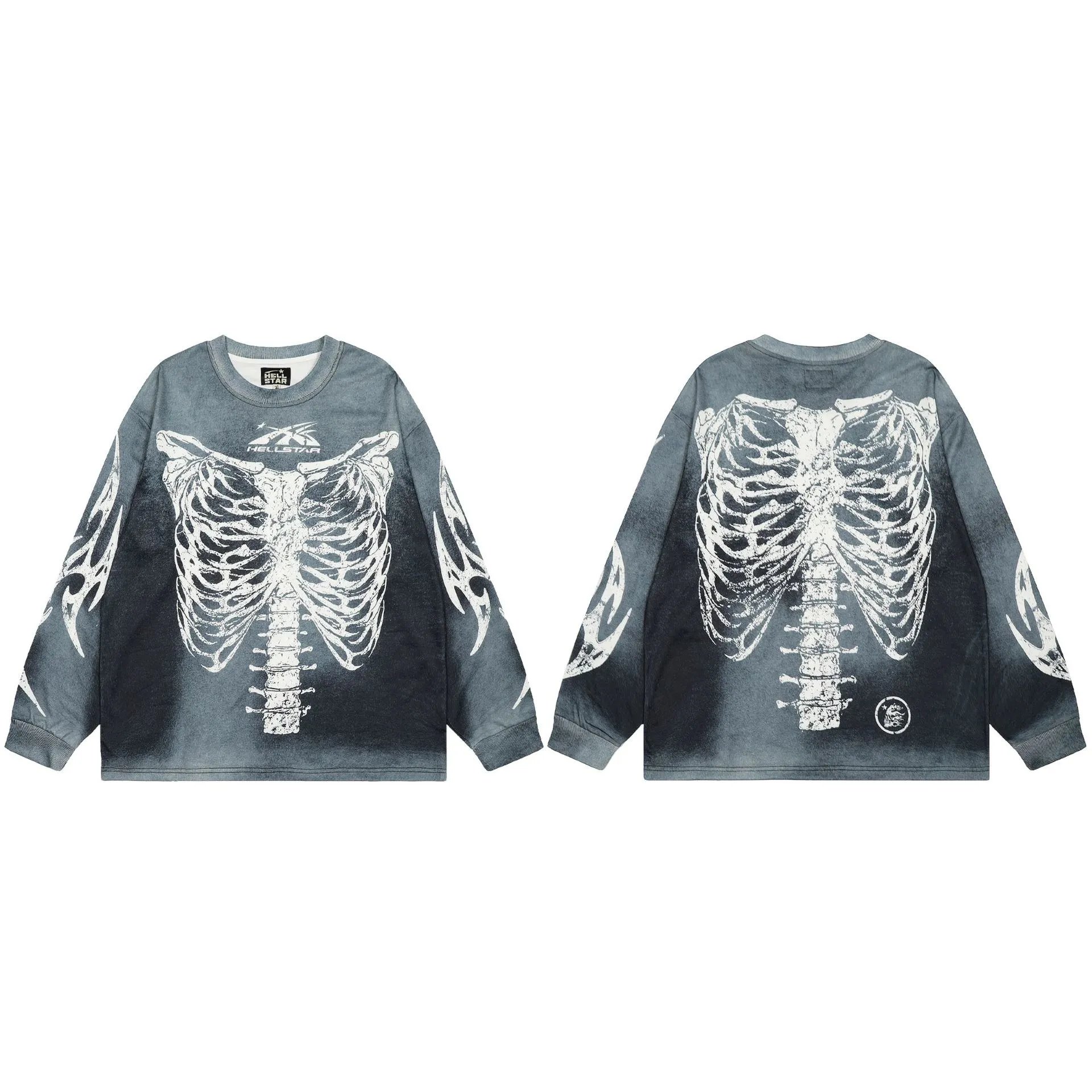 Hellstar Skull Print Street Style Vintage Grey Long Sleeve T-shirt