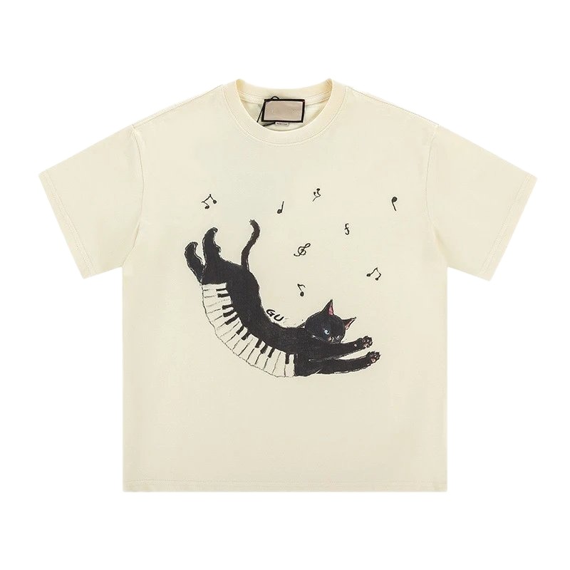 Gucci Black Cat Print Casual Off-White T-Shirt