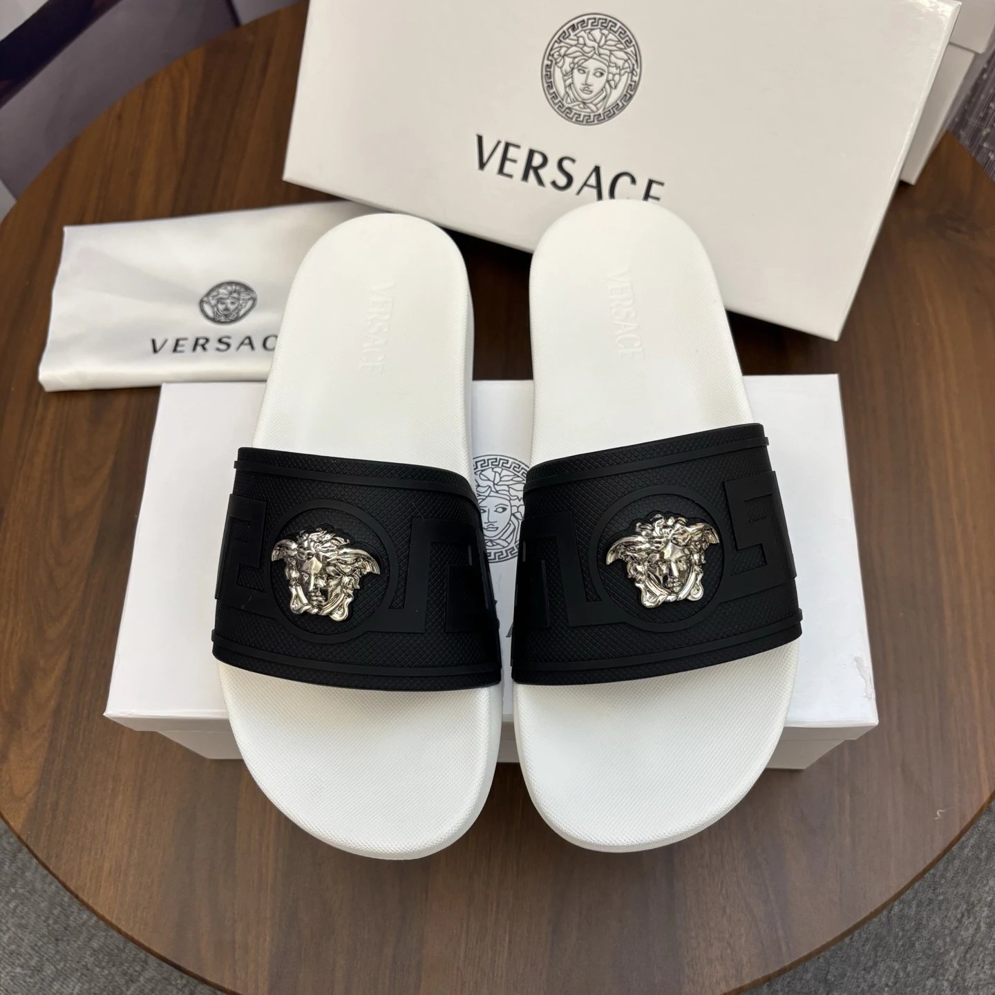 Versace Medusa Luxury Style Black and White Slide Sandals