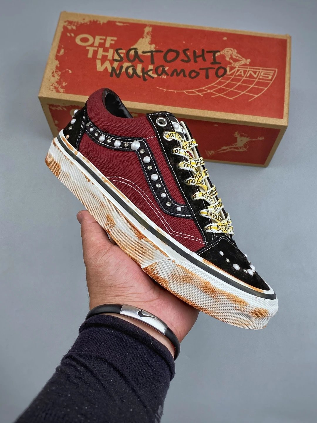 Vans Studded Skate Sneakers in Burgundy and Black with Contrast Stitching