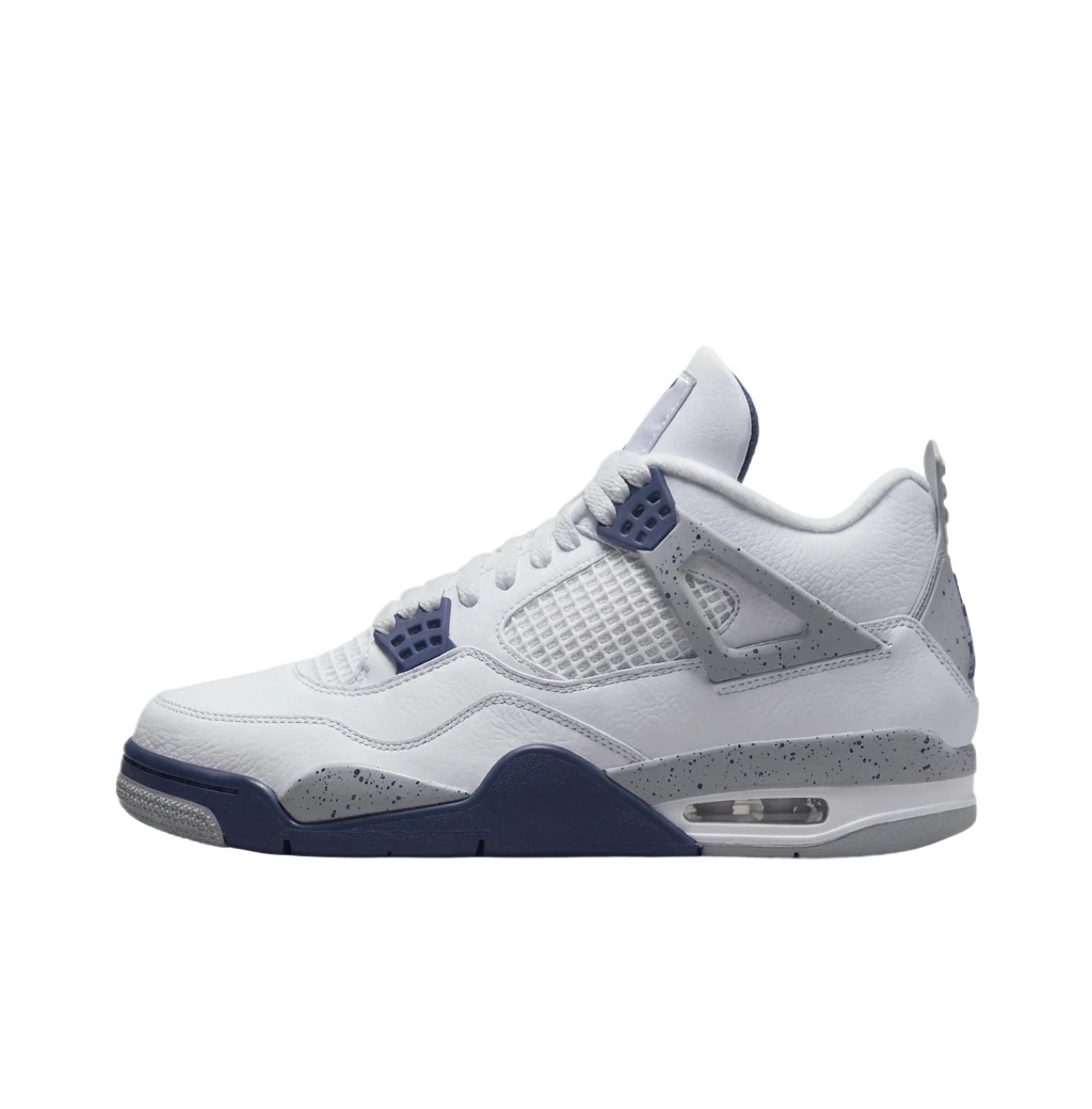Retro-style white and blue Jordan 4 shoes