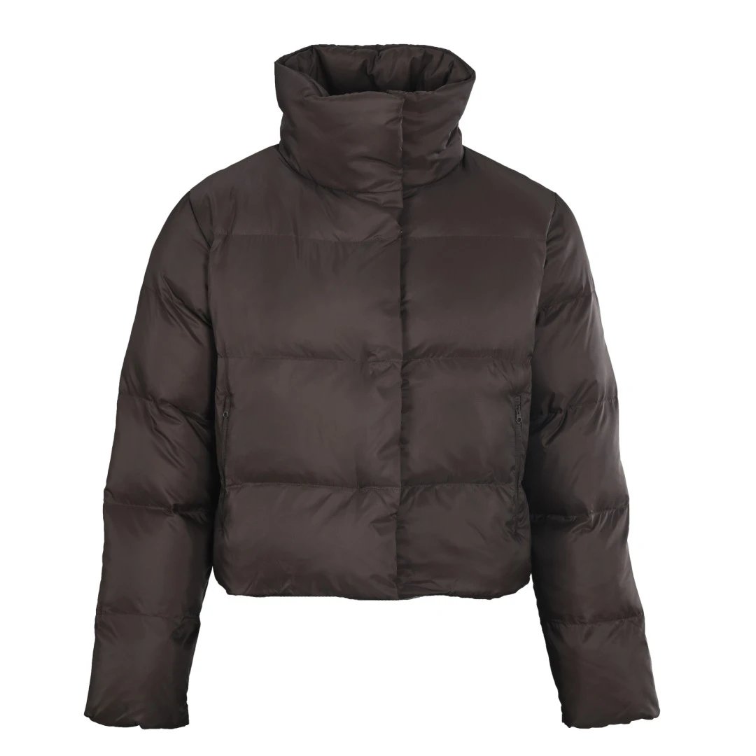 Travel Stand-Collar Puffer Jacket - horizontal quilting and a clean short winter fit