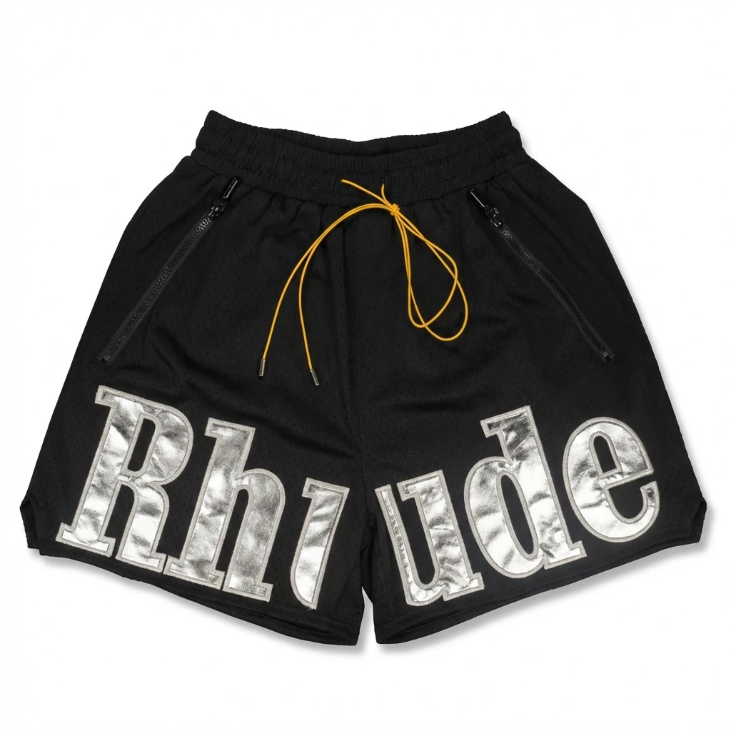 RHUDE letter-style black shorts