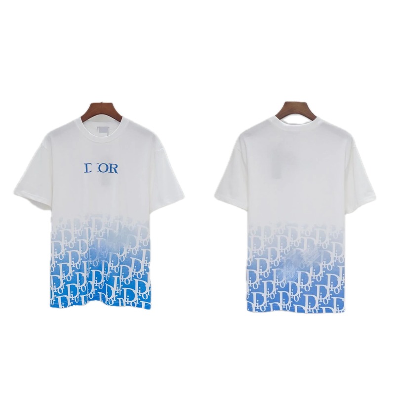 Dior Oblique Gradient Trendy Style Blue and White Short-sleeved T-shirt