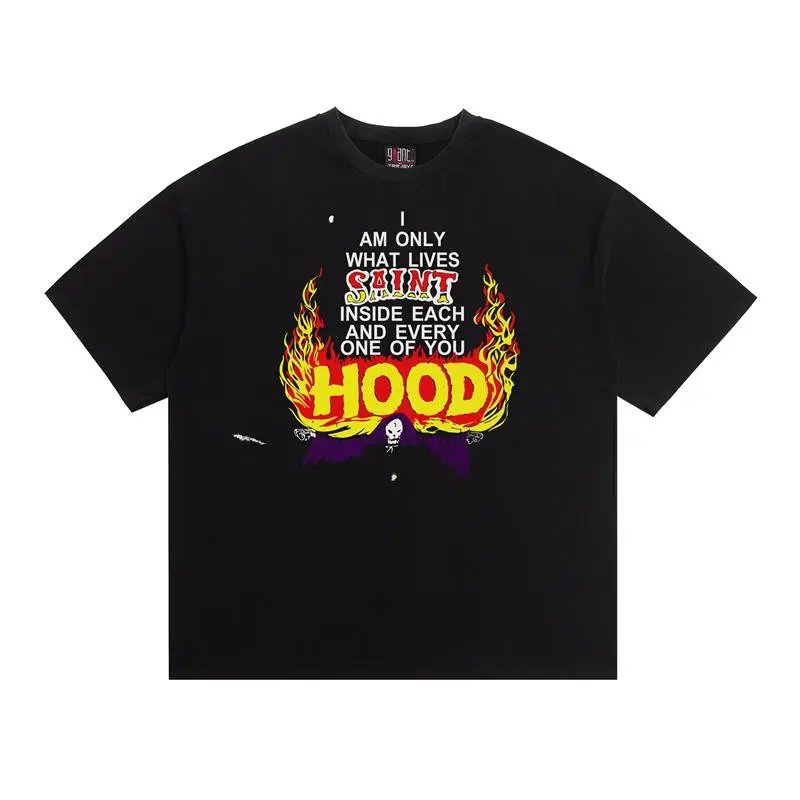 SAINT Flame Print Street Style Black T-Shirt