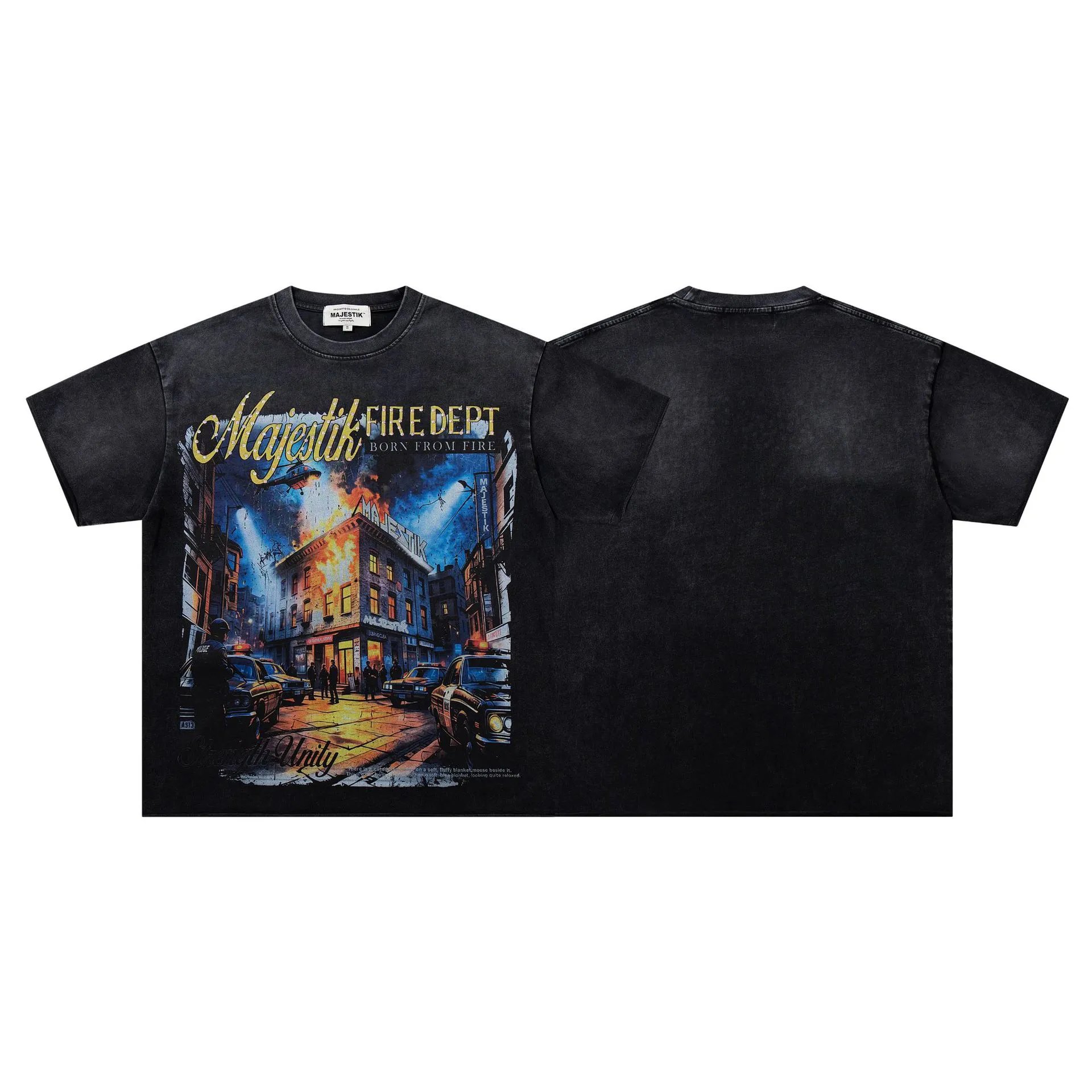 MAJESTIK Fire Department Vintage Distressed Black Printed T-shirt