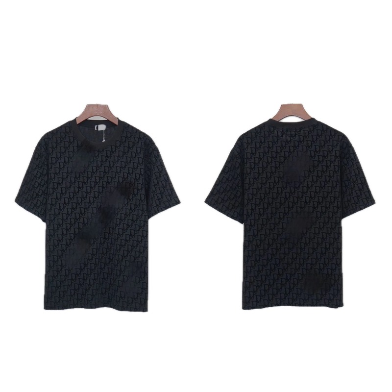 Dior All-over Monogram Print Light Luxury Style Black T-Shirt