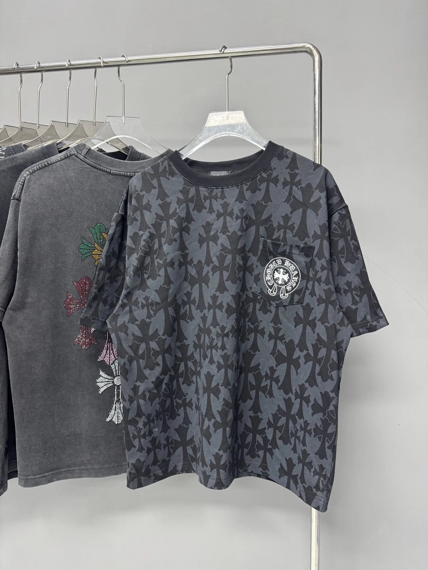 Chrome Hearts All-over Cross Print High Street Style Black and Gray T-Shirt