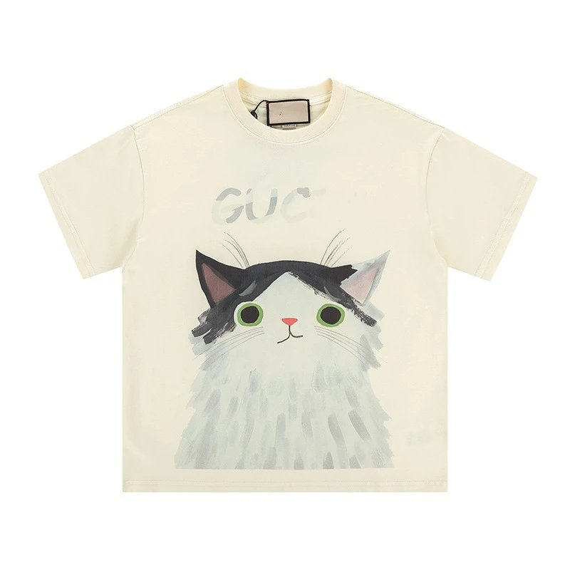 Gucci Cat Print Cartoon-style Off-white T-shirt