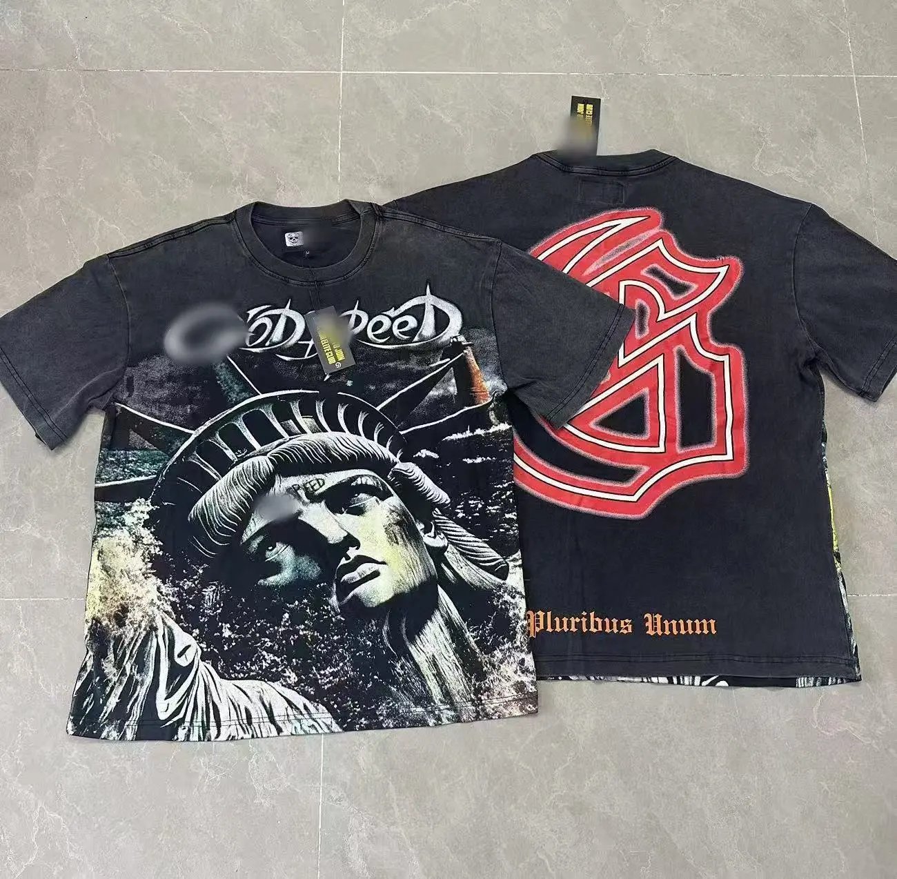 GOD Vintage Distressed Statue of Liberty Black Short-sleeve T-shirt