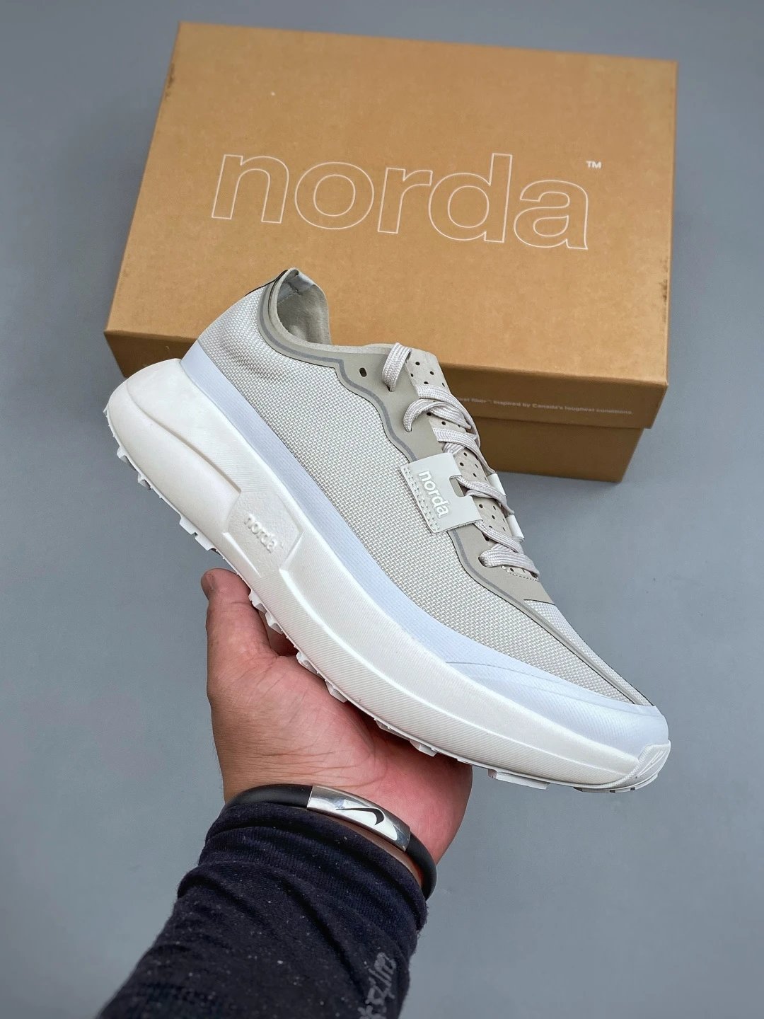 Norda Light Gray Trail Runners Highlighting Treaded Trail Sole