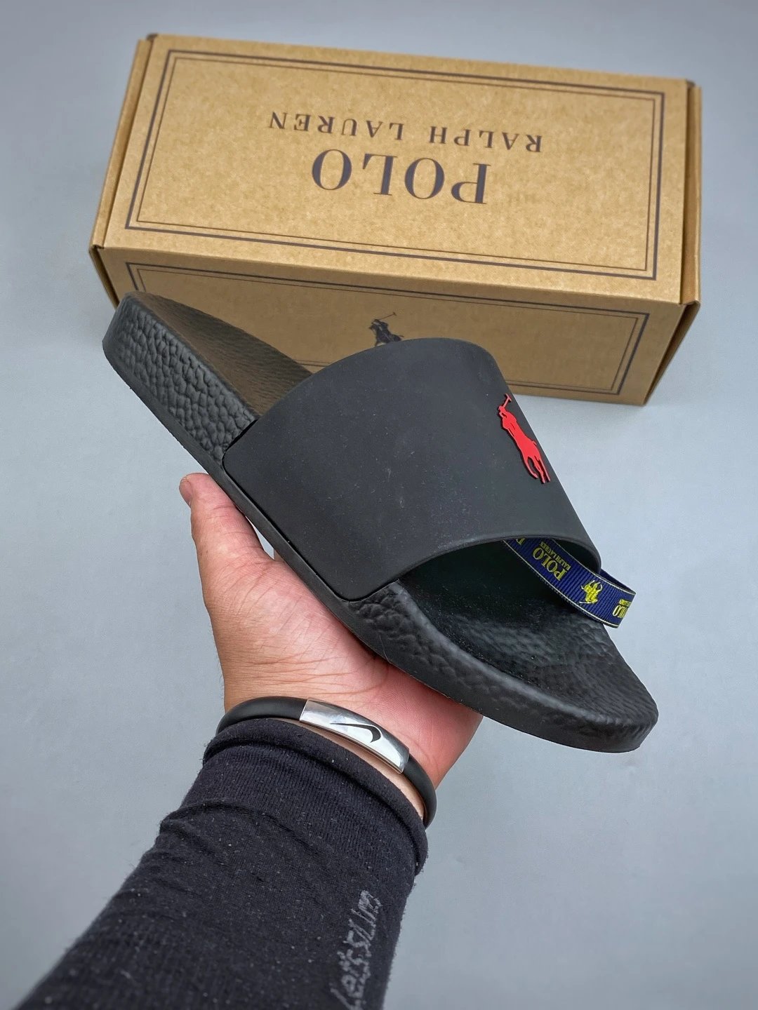 Ralph Lauren Black Logo Slides Highlighting Open-Toe Shape