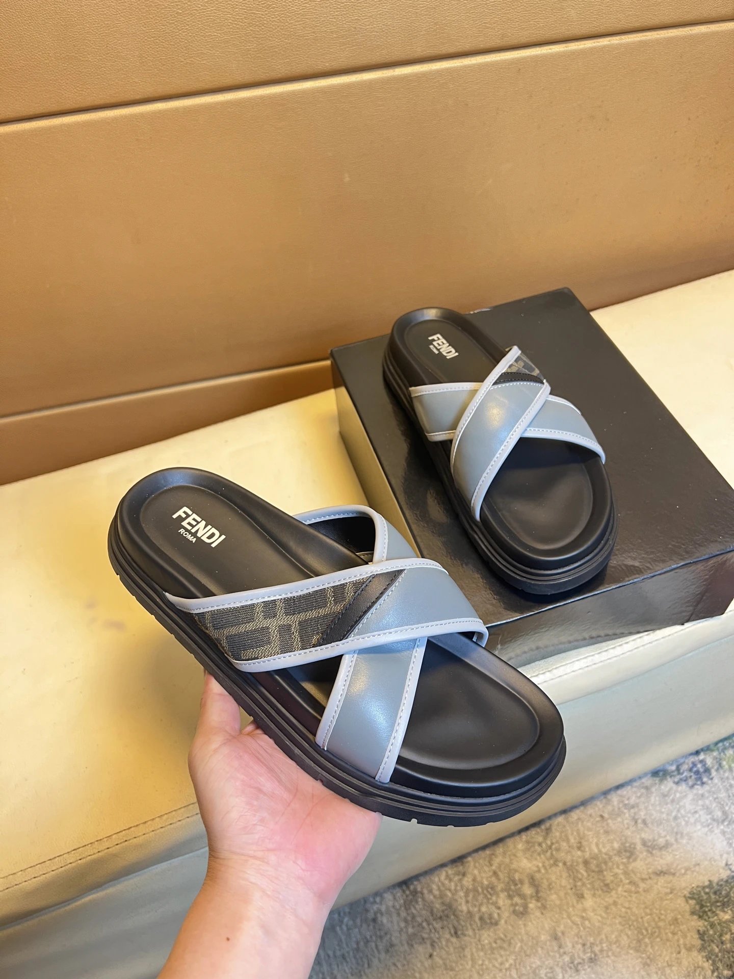 Fendi FF Monogram Casual Style Light Grey Slide Sandals