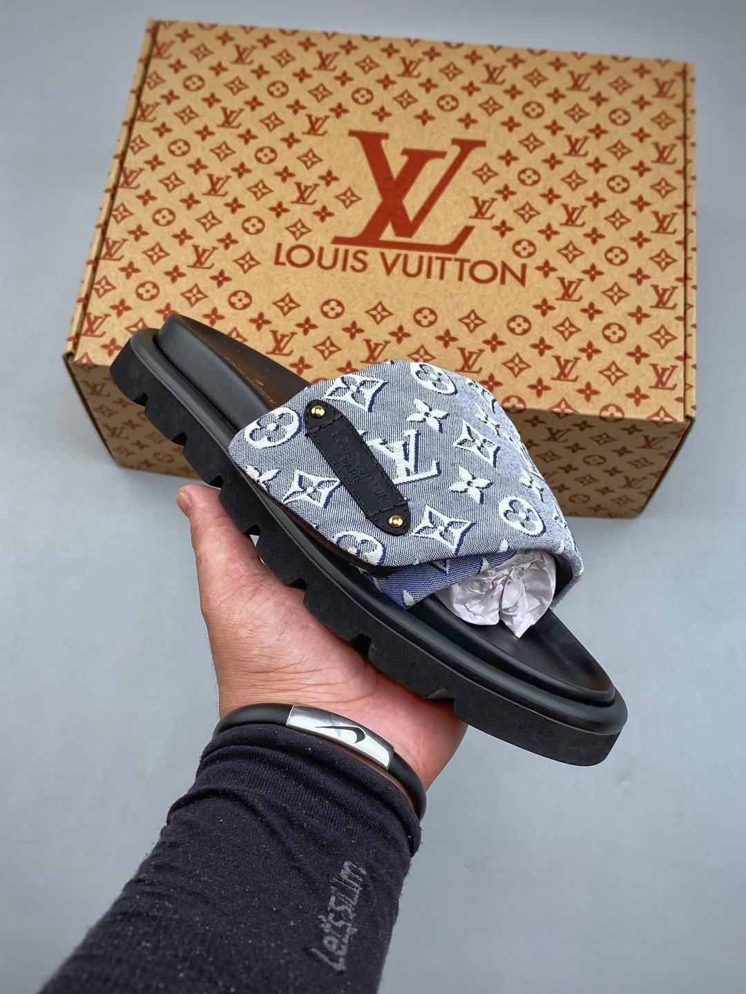 Louis Vuitton Gray Monogram Slides Defined by Two-Tone Finish